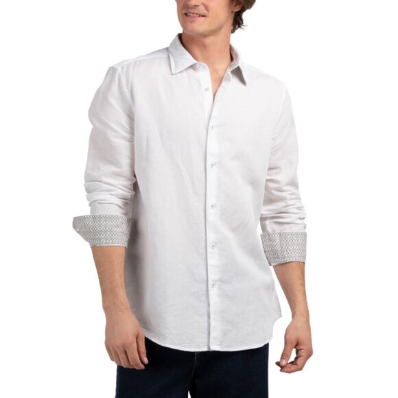 ROBERT GRAHAM White Linen Blend Long Sleeve Solid Shirt